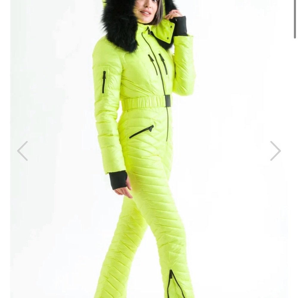 Women's Neon Yellow Ski Suit with Black Fur Trim